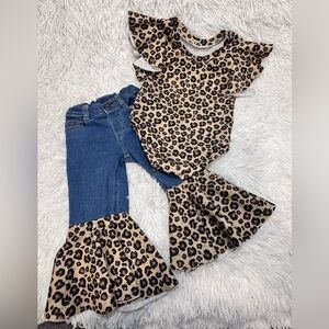 Leopard Print Baby Outfit with Denim Flare Pants